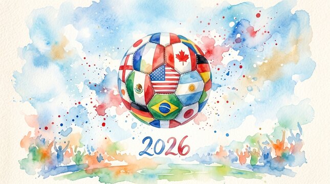 Watercolor illustration of a soccer ball with world flags for 2026