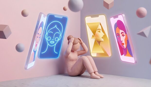 Minimalist 3D Illustration of Lookism and Social Media Beauty Standards