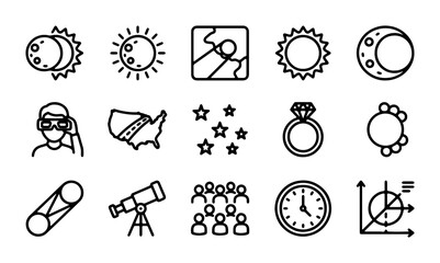 Fototapeta premium Astronomy & Science Icons: Sun, Moon, Stars, Telescope, Map, Ring, Chart, USA
