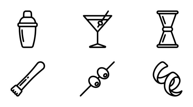 Cocktail Bar Tools Icons Set, Martini Glass, Shaker, Jigger, Bar Spoon, Olives, Citrus Peel