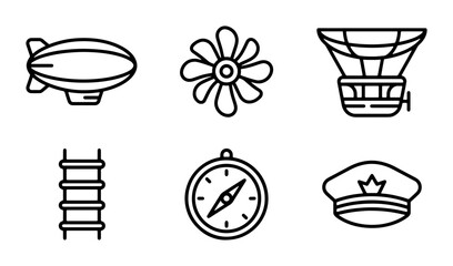 Steampunk Airship Icons, Vintage Zeppelin, Compass, Pilot Hat, Vector Elements © Mamun
