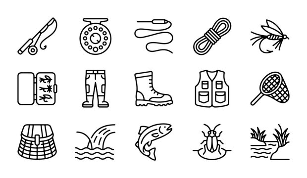 Fly Fishing Icons Set: Rod, Reel, Tackle Box, Waders, Vest, Net, Fish, Bait, Riverbank, Equipment Collection