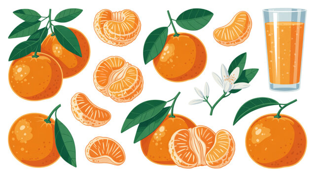 Colorful assortment of fresh citrus fruits including oranges and lemons with a glass of orange juice