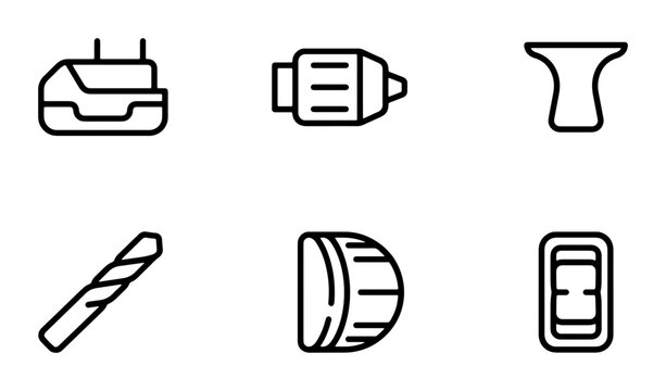 Power Tool Icons: Drill Bits, Chucks, and Chargers, Vector Set for Construction and DIY