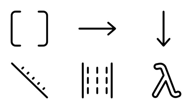 Minimalist Icons: Brackets, Arrow, Lambda, Lines, Data Flow, Science Symbols