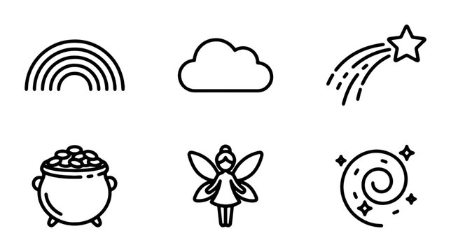 Magic Icons Set, Rainbow, Cloud, Shooting Star, Pot of Gold, Fairy, Swirl, Vector Graphics