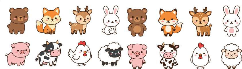 Fototapeta premium Cute Kawaii Cartoon Animal Character Set with Bear Fox Deer Rabbit Pig Cow Chicken Sheep for Kids Nursery Sticker and Clipart Designs