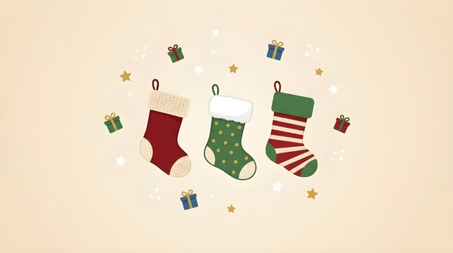 A charming holiday illustration featuring three different styled Christmas stockings&mdash;red knitted, green polka dot, and striped&mdash;surrounded by tiny wrapped gift boxes and decorative stars on a clean, so
