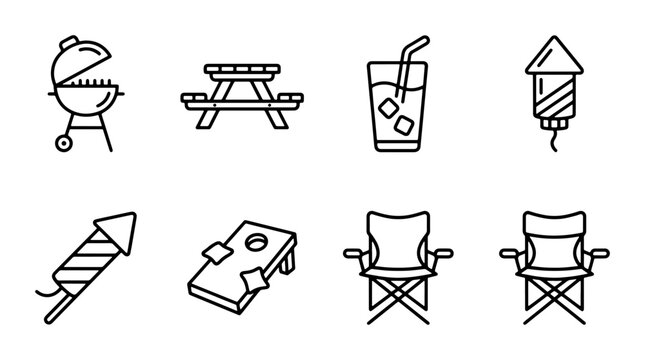 Summer BBQ Icons Set: Grill, Picnic Table, Drinks, Fireworks, Chairs, Cornhole