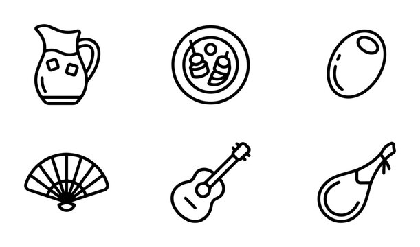 Spanish Icons Vector Set: Sangria Pitcher, Tapas, Olive, Fan, Guitar, Ham