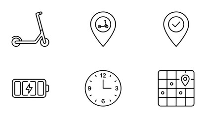 Fototapeta premium Electric Scooter Icons, Location Pins, Battery, Clock, Map Grid Vector Set