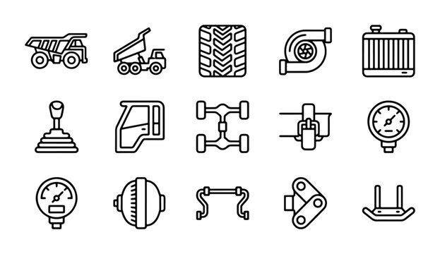 Heavy Duty Truck Parts Vector Icons Set, Automotive Components Collection, Vehicle Mechanics Icons