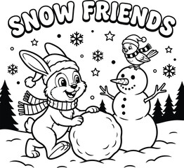Fototapeta premium Cute cartoon rabbit building a snowman for coloring page with coloring, activity
