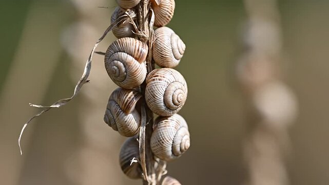 Group of snails clustered on a dry vertical plant.
