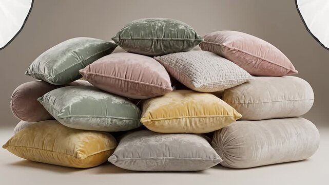 A Large Pile of Soft Decorative Pillows in Various Pastel Colors.