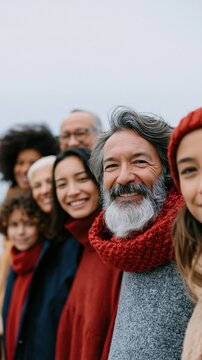 Multigenerational diverse family lined up smiling in warm scarves and sweaters outdoors for banner and background design