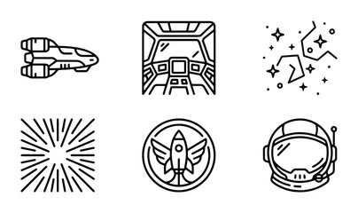 Space Icons Set: Spaceship, Cockpit, Astronaut Helmet, Stars, Rocket Launch, Cosmic Elements © Ahad