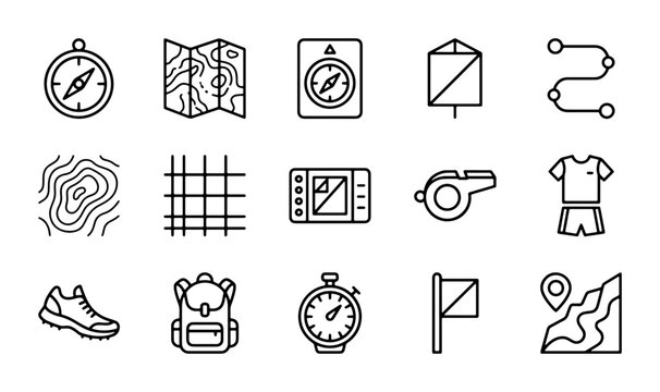 Outdoor Adventure Icons: Compass, Map, GPS, Whistle, Backpack, Running Shoe, Stopwatch, Navigation