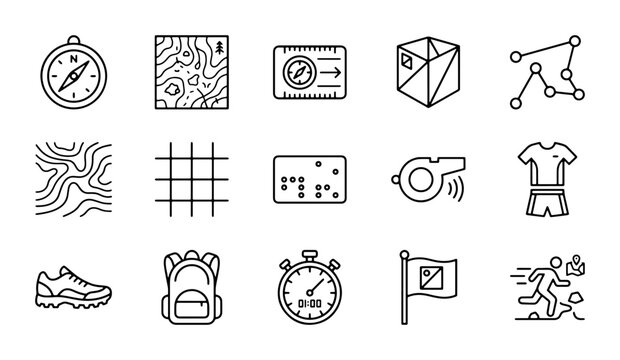 Orienteering Icons Set: Compass, Map, Stopwatch, Whistle, Backpack, Shoes, Runner, Flag, Course, Navigation Symbols