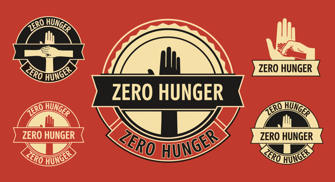 Zero Hunger vector badges and labels set with raised human hands wheat grains and vintage ribbon banners on red background.