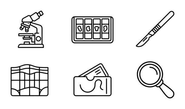 Medical Research Icons: Microscope, Slides, Scalpel, Magnifying Glass, Tissue, Wallet Vector Set