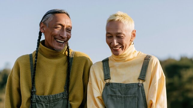 Smiling older duo in yellow sweaters with denim overalls for outdoor lifestyle banner and senior wellbeing design