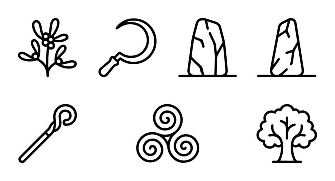 Celtic Symbols Vector Icons: Tree, Triskele, Rune Stones, Sickle, Staff, Mistletoe