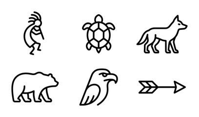 Obraz premium Native American Icons: Kokopelli, Turtle, Coyote, Bear, Eagle, Arrow Symbols