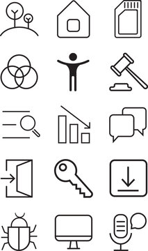 Vector line icon set featuring business analysis, legal gavel, security key, and communication symbols