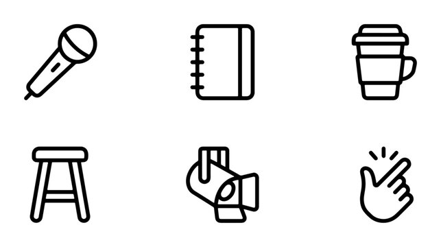 Comedy Show Icons: Microphone, Notebook, Coffee Cup, Stool, Spotlight, Snap