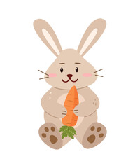 Obraz premium Cute cartoon bunny, hare with carrots. Vector illustration little rabbit. Print for nursery, poster and postcard.