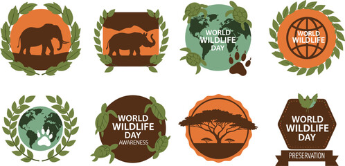 World Wildlife Day vector badges and labels set with elephant rhino silhouettes sea turtles earth globe and laurel wreath elements. © MstAnjuAra