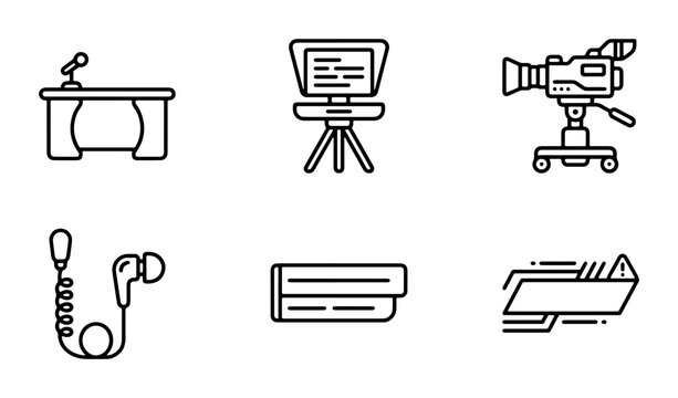 Broadcast Studio Icons, Media Production Equipment, News Desk, Teleprompter, Camera, Headphones, Vector Set