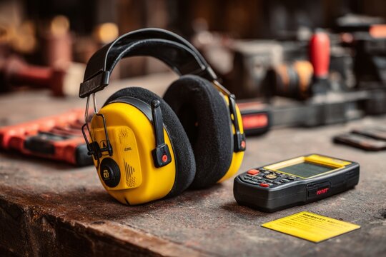 Yellow Industrial Hearing Protection Earmuffs with Decibel Meter on Workbench