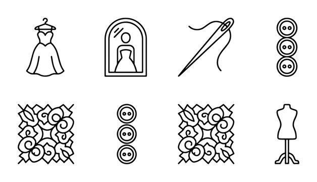 Sewing Icons Set: Dress, Needle, Buttons, Mannequin, Mirror, Fabric Patterns, Tailoring Vector Graphics