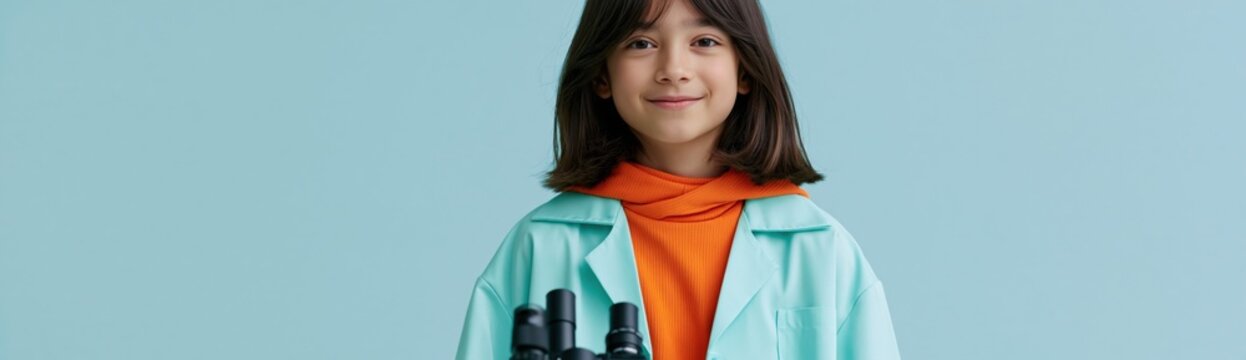 Young girl with binoculars portrait on light blue background for science education poster and kid explorer banner