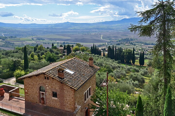 Naklejka premium Pienza, le colline della Val d'Orcia dalla loggia di Palazzo Piccolomini, Val d'Orcia, Toscana