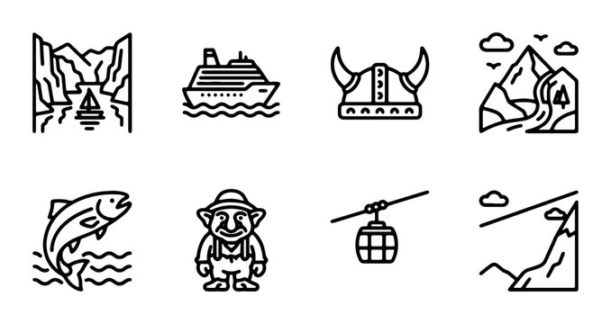 Nordic Adventure Icons: Viking Helmets, Fjords, Mountains, Fish, Trolls, Cruise Ships, Cable Cars