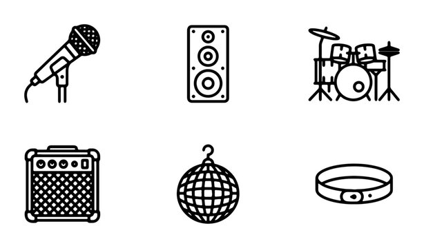 Music Icons Set: Microphone, Speaker, Drum Kit, Amp, Disco Ball, Tambourine Vector Graphics