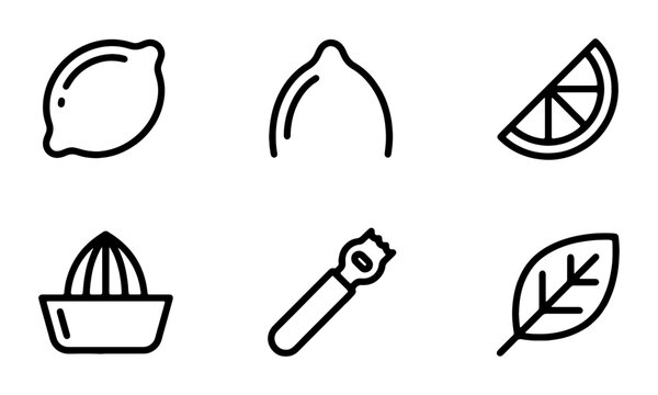Citrus Icons: Lemon, Lime, Slicer, Juicer, Zester, Leaf Vector Set