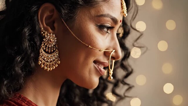 Indian woman wearing traditional gold jewelry and nose ring.