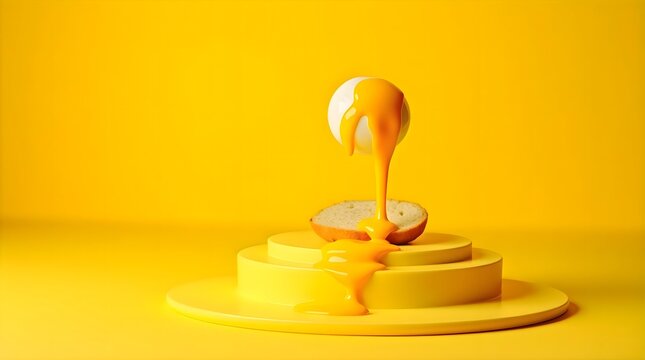 Yellow plate with a donut and a spoon of honey on it, sweet delicious breakfast bakery pastry culinary dessert, creative food layout backdrop
