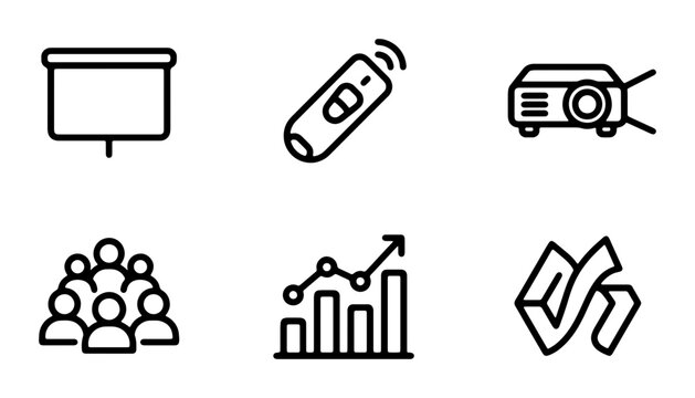 Presentation Icons: Projector, Screen, Audience, Graph, Laser Pointer, Checkmark Vector Set
