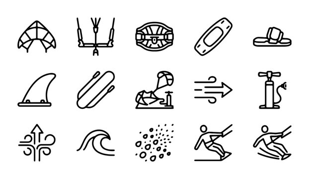 Kitesurfing Icons Set, Water Sports Equipment Vector Graphics, Extreme Activity Symbols Collection