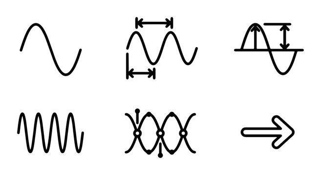 Waveform Icons, Sound Waves, Signal Graphics, Scientific Wave Diagrams, Vector Set