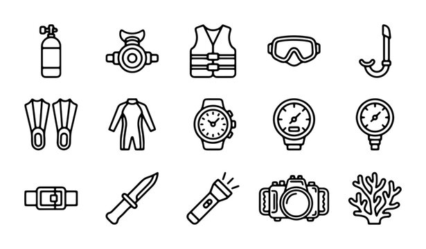 Scuba Diving Equipment Icons Set, Underwater Adventure Gear Collection, Vector Symbols for Ocean Sports