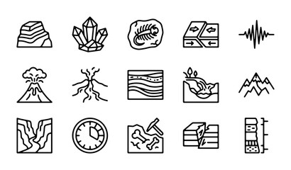 Geology Icons Set: Earth Science, Fossils, Volcanoes, Crystals, Mountains, Layers © Sumon