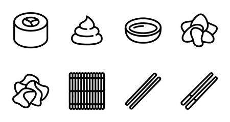 Japanese Sushi Icons: Maki Roll, Wasabi, Soy Sauce, Ginger, Chopsticks, Mat © Sumon