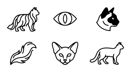 Fototapeta premium Cat Icons Set, Feline Vector Graphics, Pet Animal Line Art Collection, Siamese and Tabby Cat Illustrations