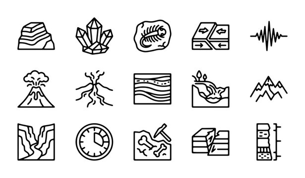 Geology Icons Set: Earth Science, Fossils, Volcanoes, Crystals, Mountains, Layers